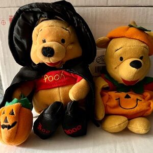 Winnie the Pooh Halloween Set Witch Pumpkin Beanbag Dolls Disney Store New Tags